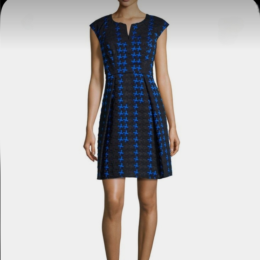 Milly Black/Blue Crosshatch Fit & Flare Dress